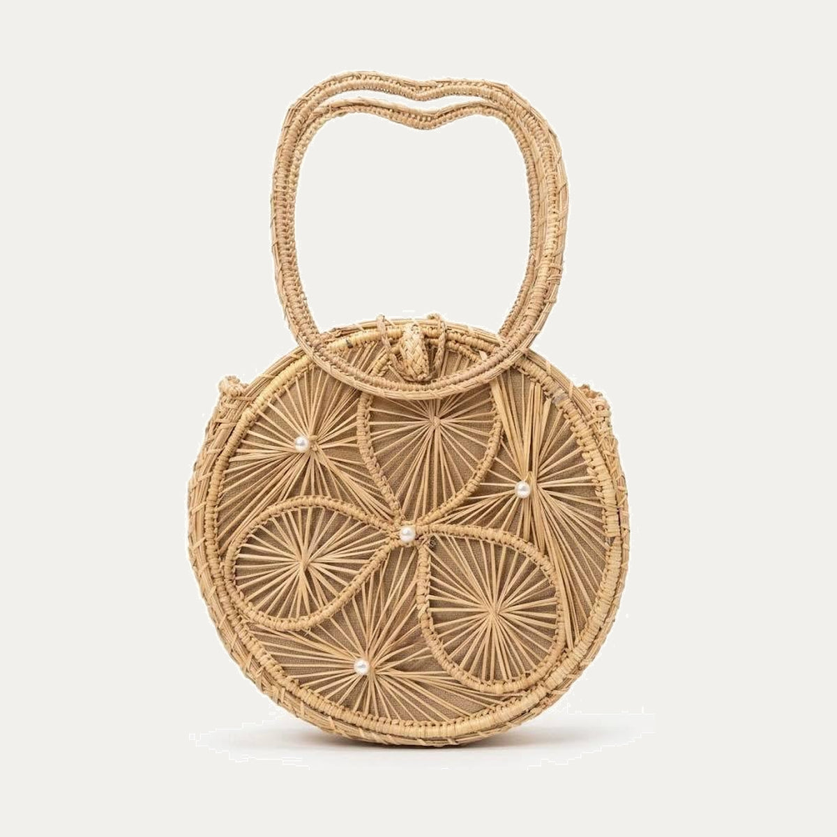 Iraca Palm Pearl Circle Handbag — Sculptural Handle Edition